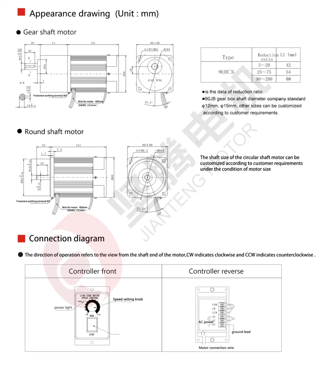 AC Electric Gear Motor Reduction Low Speed Speed Controller Single Phase/Three Phase Facture